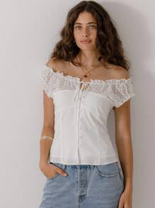 Aralina Urlaubs-Off-Shoulder Sommerliche Anglaise Dekolleté Akzent Korsett Bluse - Weiss - Übersicht 6