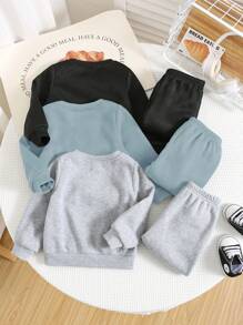 SHEIN 6pcs/Set Infant Baby Boy&Girl All-Match Hooded Sweatshirt And Loose Fit Jogger Pants Set, Blue, Dark Gray, Black, Casual For Autumn/Winter, Suitable For Home And Outdoor - Blue - View 2
