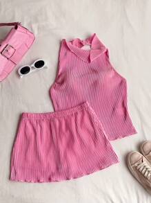 Comfortcana 女士 2 件套纯色褶皱无袖上衣和短裤，休闲