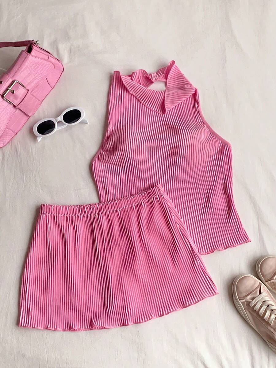 Comfortcana 女士 2 件套纯色褶皱无袖上衣和短裤，休闲