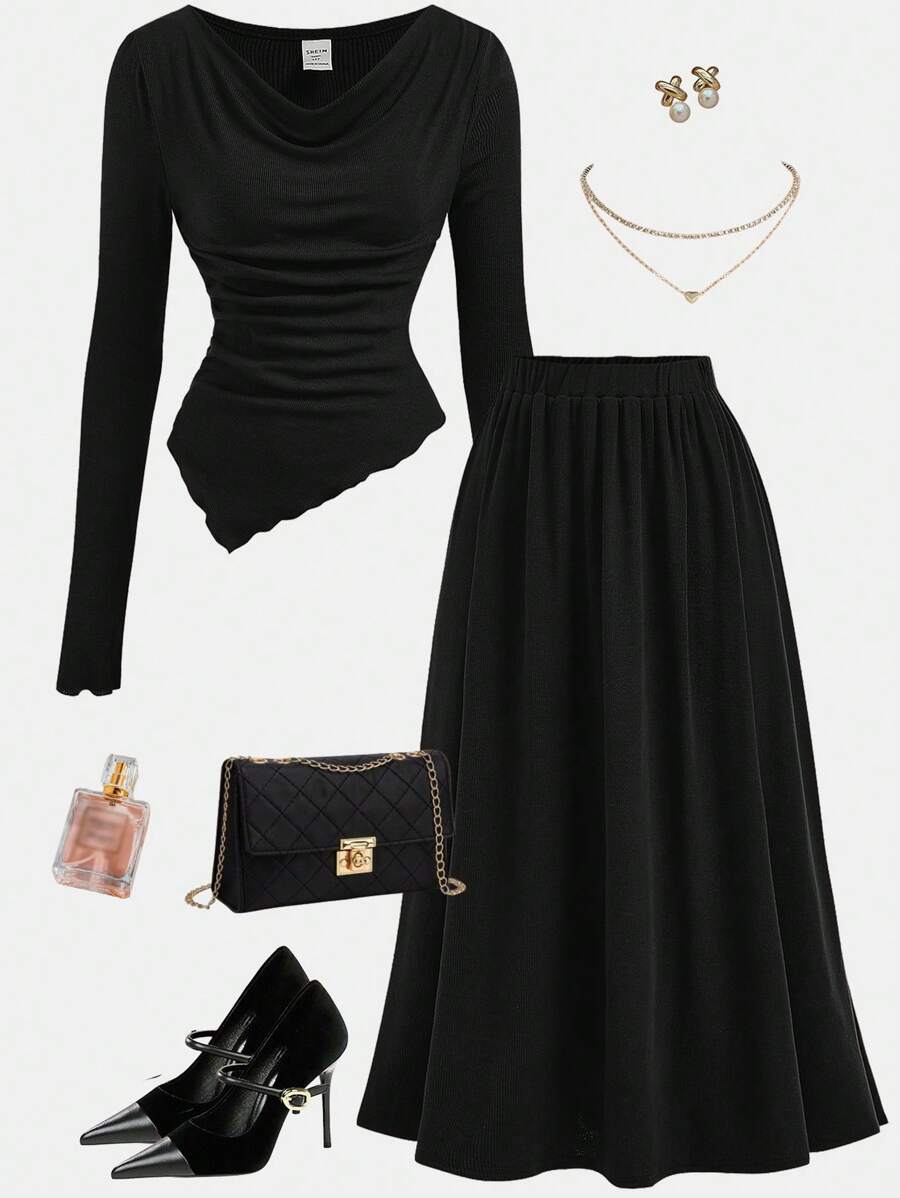 Girlism 2pcs/Set Vintage Knitted Asymmetric Hem Top And A-Line Skirt Set, Elegant Retro Aesthetic For Teen Girls Casual Street Wear And Party