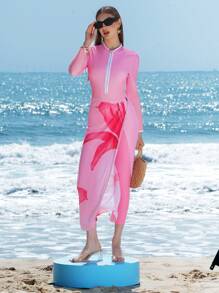 Swim Shayni 女士 3 件套拉链前渐变色印花拼色高领长袖连体泳衣和花卉印花网眼罩衫连衣裙，适合海滩度假阿拉伯服装 - 淺粉色 - 查看 6