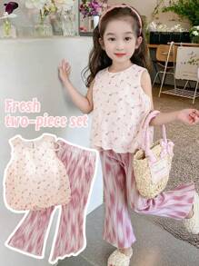 Young Girls Casual Style Sleeveless Rose Ditsy Floral Peplum Top & Pink Striped Pants 2 Pieces Outfit Set, Spring/Summer New Arrival - Pink - View 1