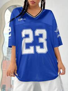 SHEIN EZwear 海军蓝女士数字印花运动球衣 T 恤 - 寶藍色 - 查看 4