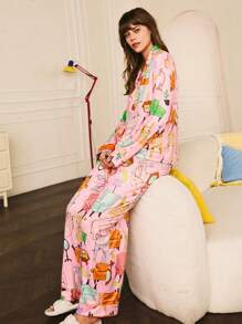 时尚全印花小狗图案女士睡衣套装 - 彩色 - 查看 4