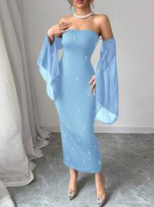 Rafferiza 女士优雅露肩仿珍珠串珠黑色性感紧身可爱派对舞会抹胸雪纺透明喇叭袖 2025 新款长裙 - 藍色 - 查看 8