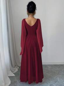 Elenzga 度假长袖 V 领收腰优雅浪漫女式连衣裙 - 酒紅色 - 查看 2
