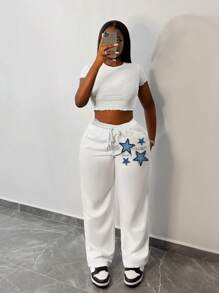 Slaydiva New Simple Casual Basic Street Sports Elastic Drawstring Straight Leg Pants, White Star Pattern Sweatpants For Plus Size Women Fall Clothes Winter Clothes