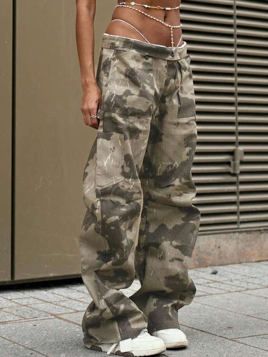 SHEIN EZwear 女士前扣口袋直腿休闲裤，日常穿着 - 軍綠色 - 查看 1