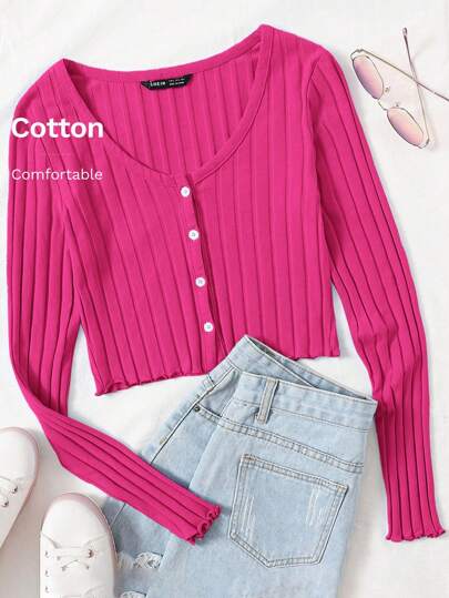 Buttoned Front Lettuce Trim Rib-knit Top