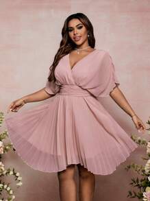 SHEIN Belle Plus Size Women Solid Color Bat Sleeve Ruffled Wedding Guest Mini Dress - Pink - View 5