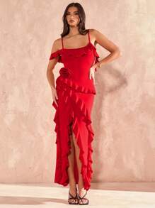SHEIN BAE Spring/Summer Solid Red Asymmetrical Hem High Slit Multi-Layer Ruffle 3D Floral Decor Long Tank Dress, Vacation Dress, Bridesmaid Mini Dress, Valentine's Day Dress, Red Dress, Birthday Mini Dress