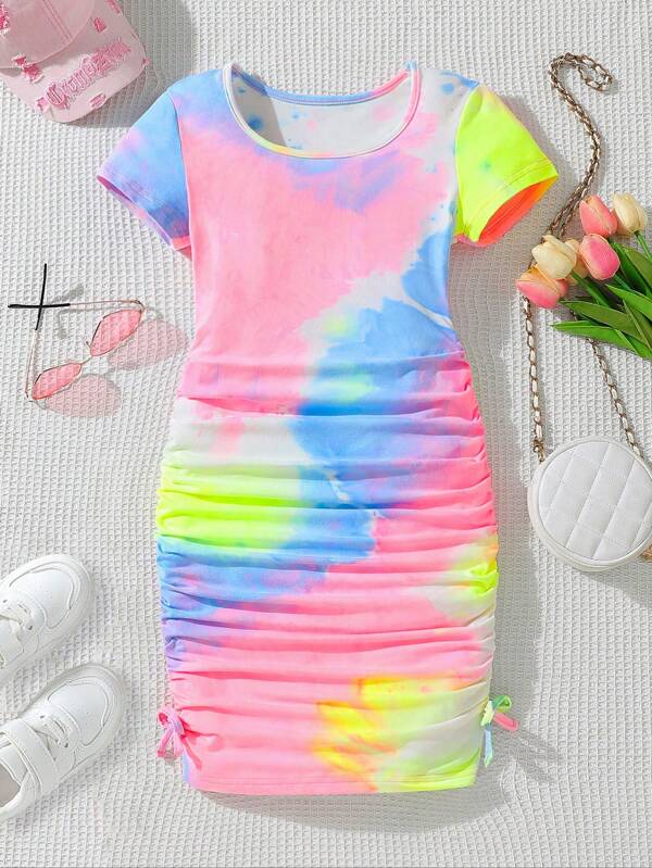 Tween Girl Tie-Dye Rochie mini cu șnur pe două fețe în talie, stil stradal, primăvară/vară