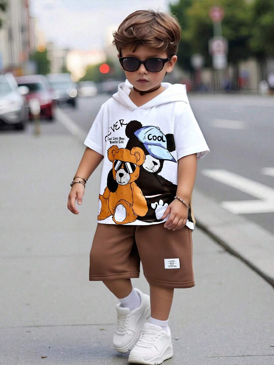 SHEIN Young Boy Summer Slogan Cartoon Bear Print Hooded Short Sleeve Casual T-Shirt And Shorts 2Pcs Set,Holiday,Summer,Travel