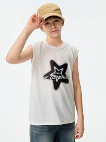 SHEIN 2件套 青少年男童休闲街头字母星星印花上衣配牛仔短裤 - 白色 - 查看 5