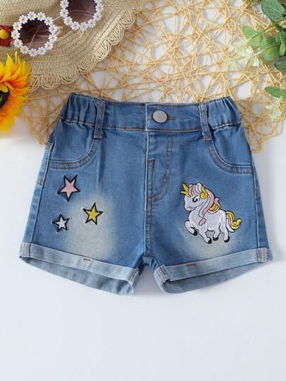 Baby Girls Star Embroidered Reverse Hem Design Denim Shorts, Casual Simple Versatile Washed Jeans