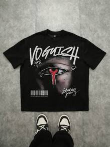 Manfinity ZONE917 Vintage Distressed Graffiti Red Eye Text Loose Dropped Shoulder Black T-Shirt, Material, Streetwear Style - Black - View 1