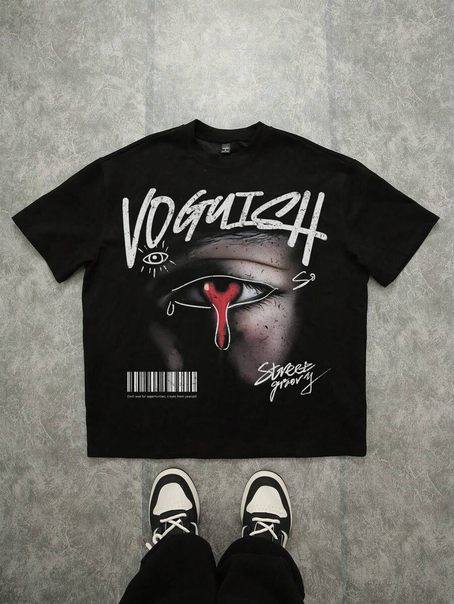 Manfinity ZONE917 Vintage Distressed Graffiti Red Eye Text Loose Dropped Shoulder Black T-Shirt, Material, Streetwear Style - Black - View 1