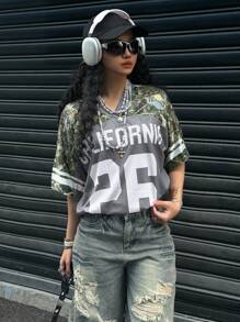 Coolane Áo thun bóng đá họa tiết lưới thoáng khí cổ điển Y2K Streetwear mùa xuân và mùa hè cho nữ - xanh quân đội - Xem 4