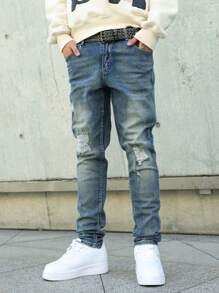 Manfinity Homme Quần Jeans Ống côn rách cá tính thường ngày cho nam - Rửa nhẹ - Xem 7