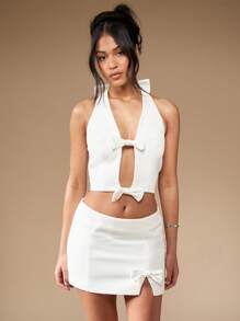 MISSGUIDED Conjunto de dos piezas de punto con lazo en el frente, falda mini texturizada, coordinado de invierno para mujer, moda casual, atuendo primaveral para salir de fiesta