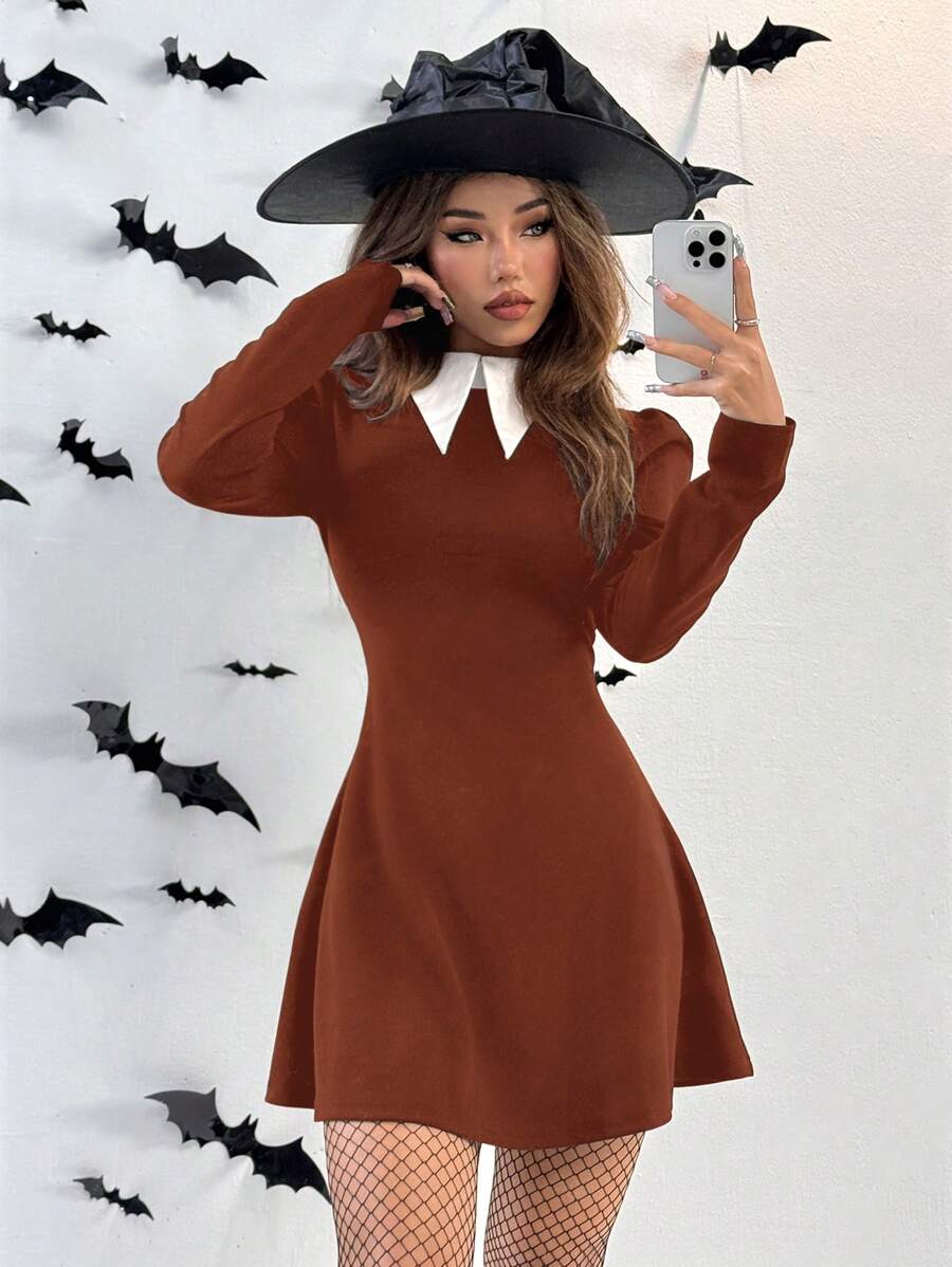 SHEIN EZwear Women's Pointed Collar Long Sleeve Contrast Color Mini Dress, Fashionable - Brown - View 1