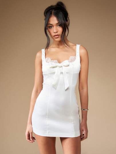 MISSGUIDED Satin Lace Trim Bow Front Mini Sleep Dress Bridal Boudoir Nightgown Wedding Anniversary Honeymoon Sleepwear Lingerie Night Slip Dress