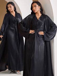 Veilorie Set de halat pentru femei, culoare solidă, cu mânecă lungă și halat cu talie răsucită, stil arab, modest