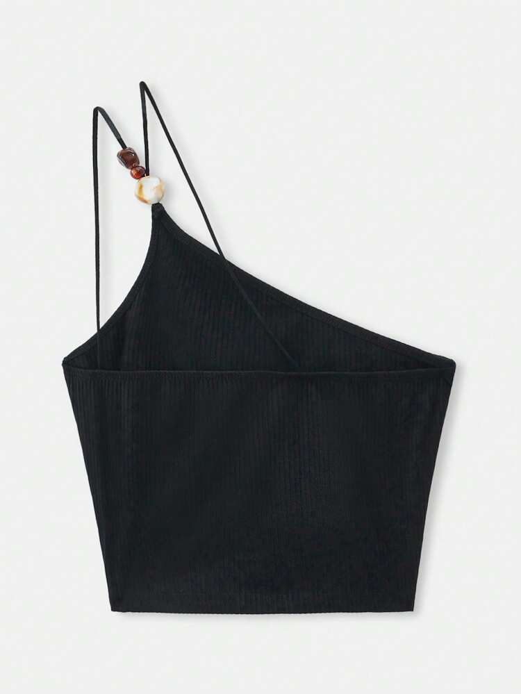 SHEIN Maija Elegant Modern Black Knit Asymmetric Beaded Shoulder Ladies Tank Top, Casual, Romantic For Outing, Party, Wedding Guest, Spring/Summer