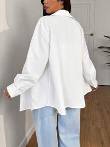 SHEIN EZwear 大码女式马术印花长袖单排扣白衬衫，春夏， - 白色 - 查看 10