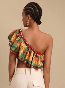 Travachic Blusa casual de vacaciones con cuello asimétrico y estampado floral para mujer, atuendos de verano para mujer, blusas de verano