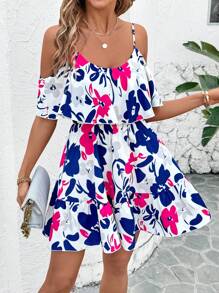 SHEIN Clasi Women's Elegant Open Shoulder Ruffle A-Line Colorful Printed Summer Mini Dress, Holiday Dress,Sun Dress