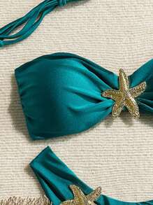 Swim Chiccia 2 件春假纯色闪亮面料泳衣上衣，带金属海星装饰和 V 形比基尼泳裤 - 綠色 - 查看 4