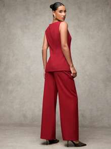 SHEIN BAE Elegant Commuter Solid Color Vest & Pants Suit In Fall/Winter - Red - View 5