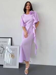 Firerie Vestido corto de manga corta, de cintura alta y corte evasé, en color rosa-púrpura, con volantes y estampado floral, elegante y romántico, ideal para el Día de San Valentín, el Ramadán o de vacaciones