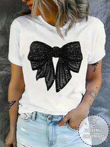 INAWLY Women's Soft & Fashionable Black T-Shirt With Shiny Bow And Floral Embossed Print - White - View 1