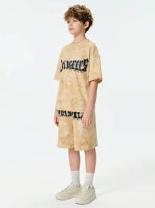 SHEIN New Arrival Boys Hip Hop Streetwear Slogan Print Round Neck Short Sleeve T-Shirt And Shorts Set - Mustard Yellow - View 3