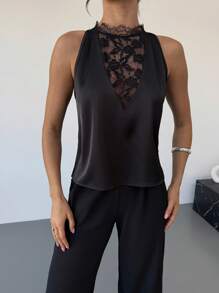 Firerie 情人节新款优雅浪漫性感派对约会黑色蕾丝拼接缎面职业衬衫，适合毕业、教师节、返校季等场合。 - 黑色 - 查看 6