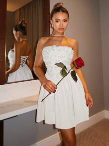 Glamine Glamine Elegant And Romantic Valentine's Day Luxury Satin Strapless Back Strap Women's Short Dress Strapless Solid Color Lace Up White Dress With Floral 3D Rose Reception Dress For Bride Classy Dresses Fashion Dress Women Dresses Prom
