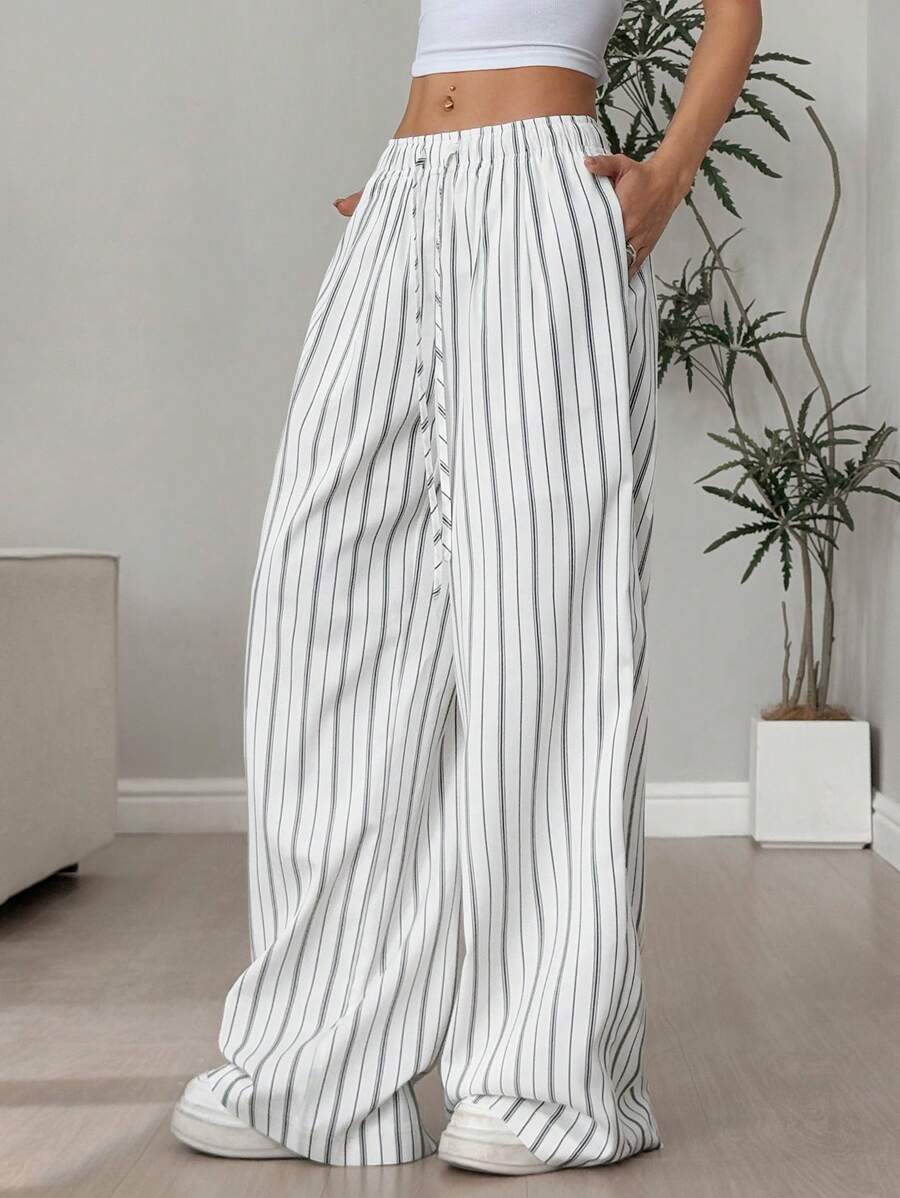 SHEIN Unity Pantalones casuales rectos y holgados de lino con rayas para mujer - Multicolor - Ver 1