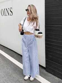 SHEIN Essnce Summer Pants Women Striped Drawstring Waist Straight Loose Casual Pants - Blue and White - View 4