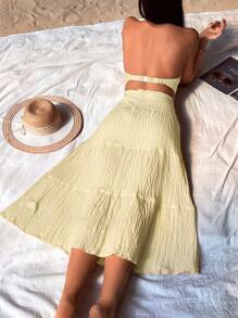 Chiquease 女式度假纯色扭纹露背无袖性感连衣裙波西米亚风海滩时尚风格婴儿黄色适合夏季春秋季 - 黃色 - 查看 2