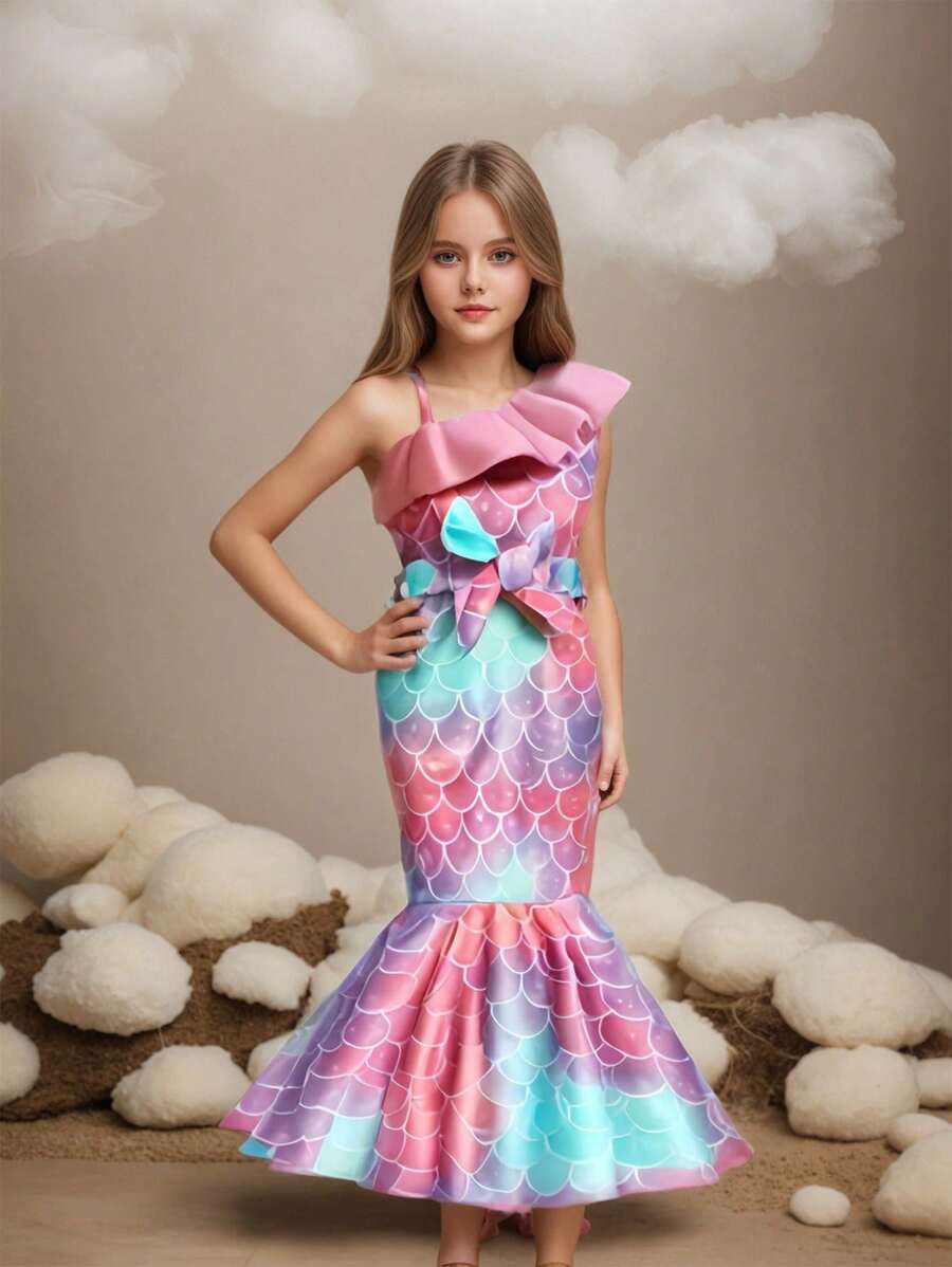 Tween Girl Mermaid Print Ruffle Trim Belted Dress, Suitable For Summer Beach, Vacation, And Playtime - Multicolor - View 1