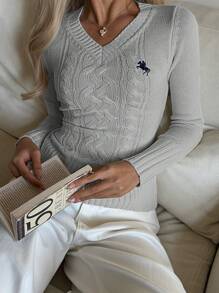 SHEIN EZwear 女式秋冬 V 领长袖修身骑士图案毛衣 - 灰色 - 查看 6