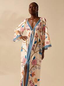 CAJUNI Women's Boho Tropical Colorful Print, Holiday Casual Lantern Sleeve Long Sleeve V-Neck Backless Long Dress