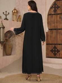 Al Najma Women's Spring/Summer 2 Pieces Set - Embroidered Turkish Maxi Dress & Arabic Traditional Dress, Modest Kaftan - Black - View 2
