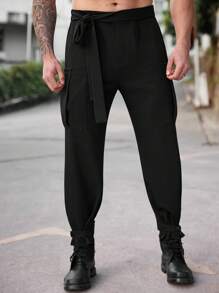 Manfinity Homme Pantalones casuales de hombre de talla grande de un solo color con cordones y bolsillos, para usar a diario - Negro - Ver 4