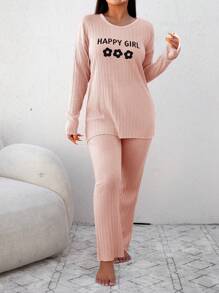 RueChic Conjunto de pijama 100% algodón con gráfico floral y de letras con hombros caídos - Rosa - Ver 5