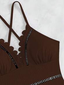 SHEIN Swim 女士春假海滩装：度假针织纯色小罗纹毛衣蕾丝花瓣女士连体泳衣 - 咖啡棕 - 查看 4