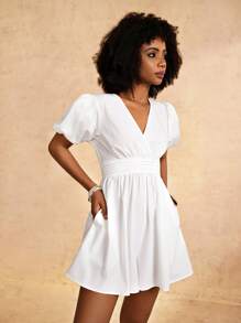 Slaydiva 2 件套新款设计休闲优雅白色泡泡袖 V 领连体裤，带口袋，适合春夏季 - 白色 - 查看 4